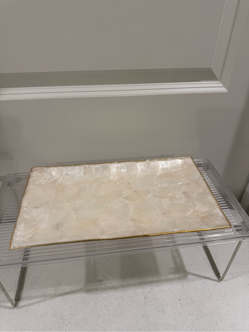 Vintage Elegant Cream Capiz Vanity Tray with Gold Trim ~ 12“ x 7“
